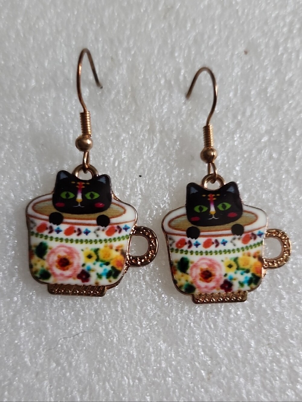 Hand Crafted Black Cat in Floral Teacup Earrings